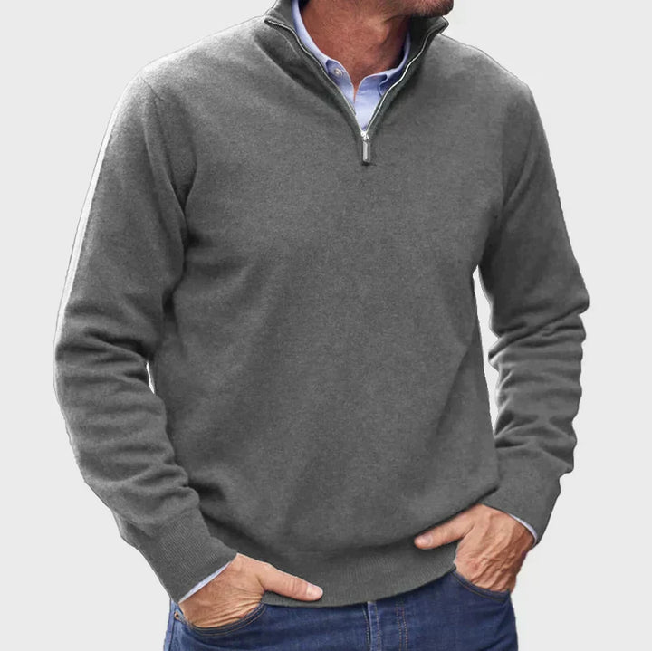 "Italiensk cashmere tröja för herrar med halv-zip i beige, mjuk textur, perfekt för både vardag och formella händelser."