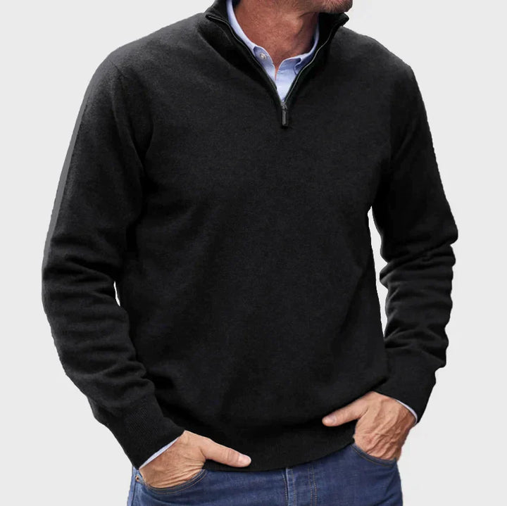 "Italiensk cashmere tröja för herrar med halv-zip i beige, mjuk textur, perfekt för både vardag och formella händelser."