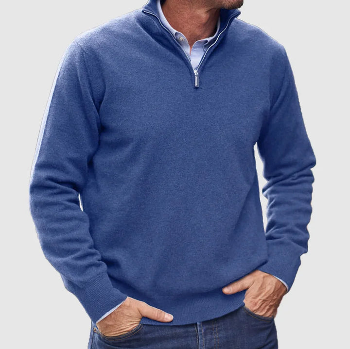 "Italiensk cashmere tröja för herrar med halv-zip i beige, mjuk textur, perfekt för både vardag och formella händelser."