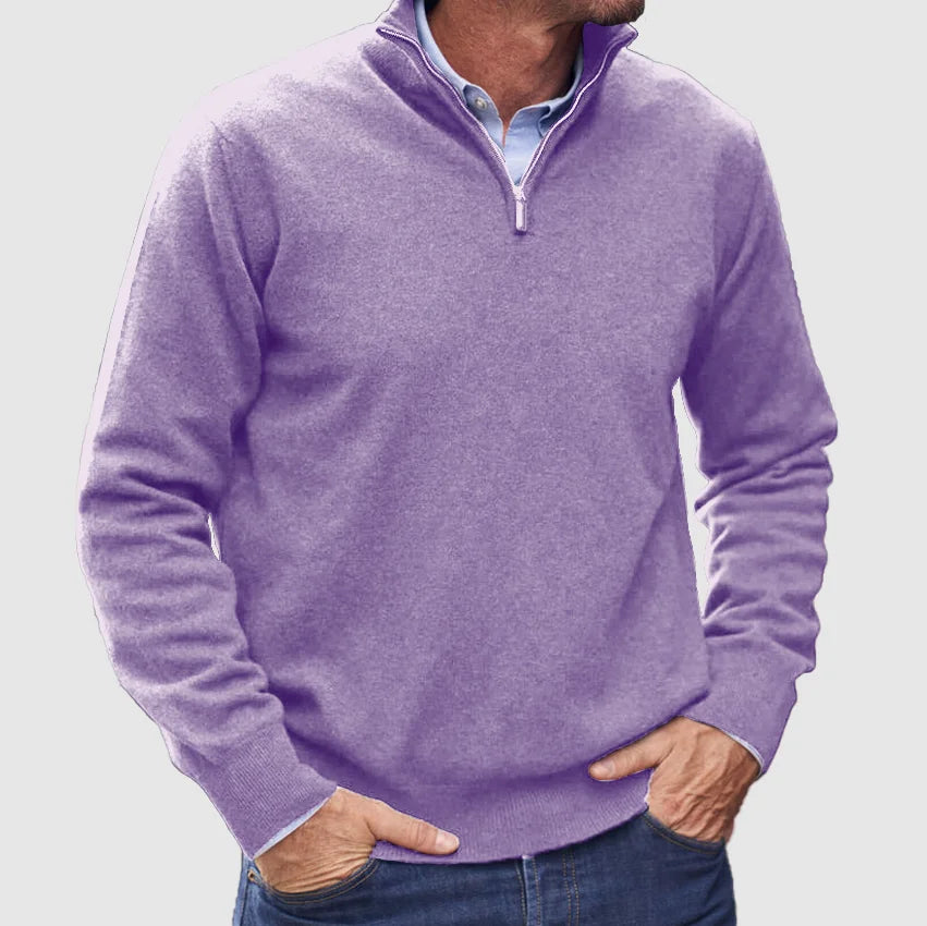 "Italiensk cashmere tröja för herrar med halv-zip i beige, mjuk textur, perfekt för både vardag och formella händelser."