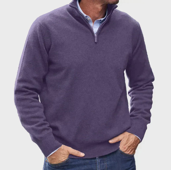 "Italiensk cashmere tröja för herrar med halv-zip i beige, mjuk textur, perfekt för både vardag och formella händelser."