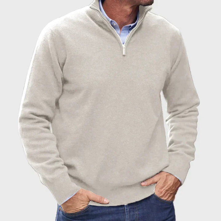 "Italiensk cashmere tröja för herrar med halv-zip i beige, mjuk textur, perfekt för både vardag och formella händelser."