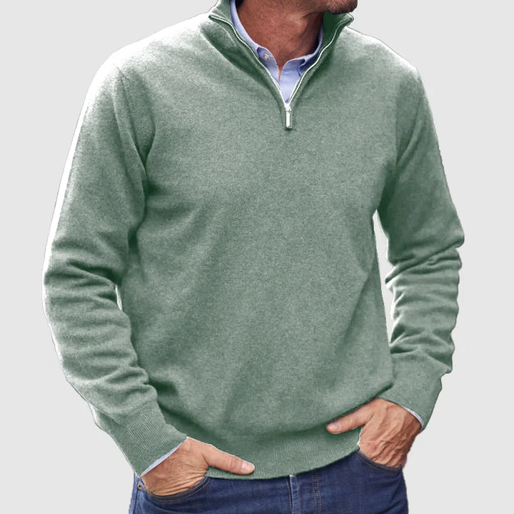 "Italiensk cashmere tröja för herrar med halv-zip i beige, mjuk textur, perfekt för både vardag och formella händelser."