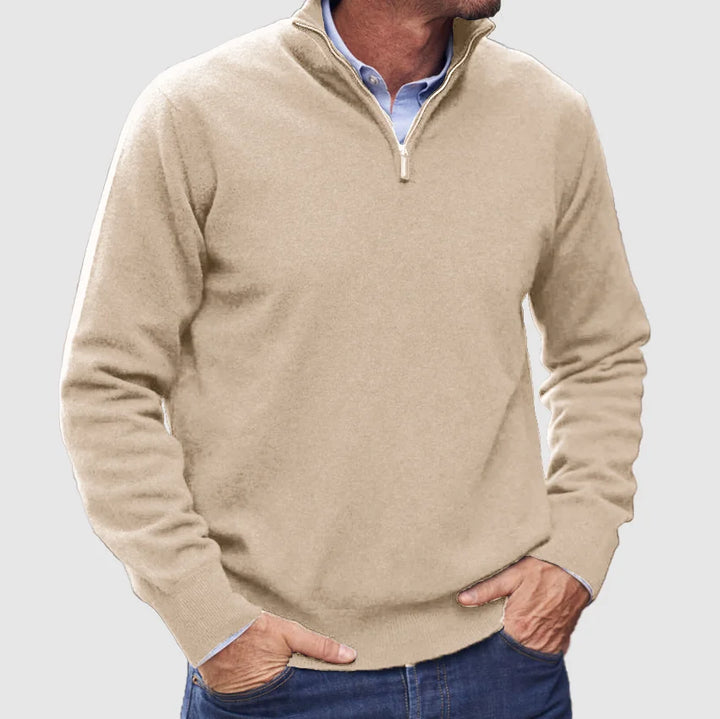 "Italiensk cashmere tröja för herrar med halv-zip i beige, mjuk textur, perfekt för både vardag och formella händelser."