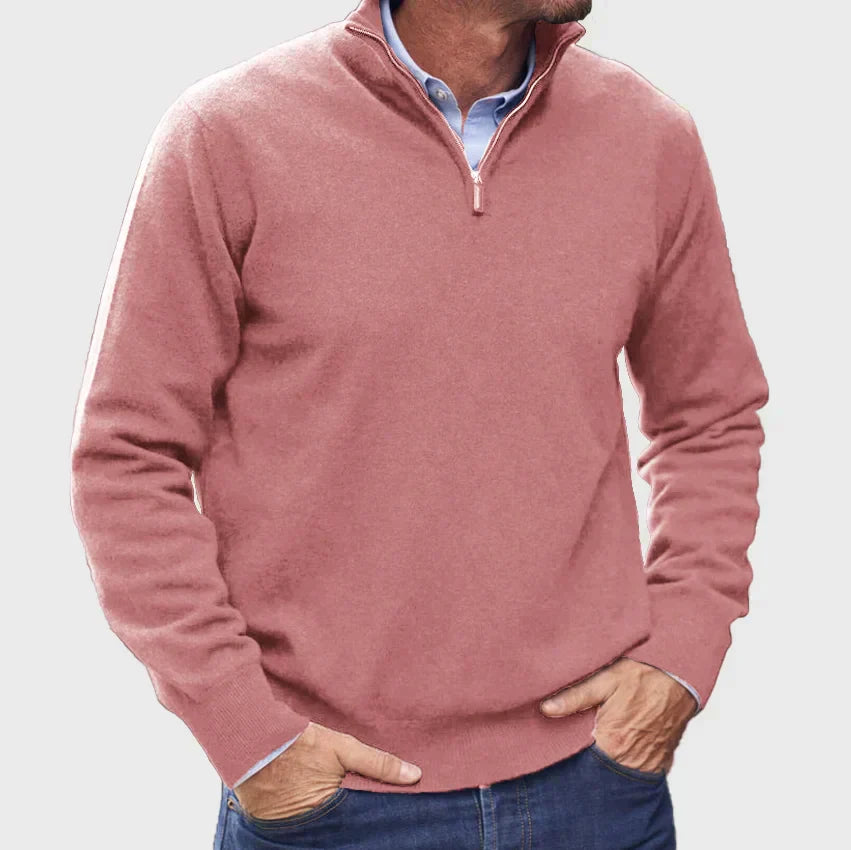 "Italiensk cashmere tröja för herrar med halv-zip i beige, mjuk textur, perfekt för både vardag och formella händelser."