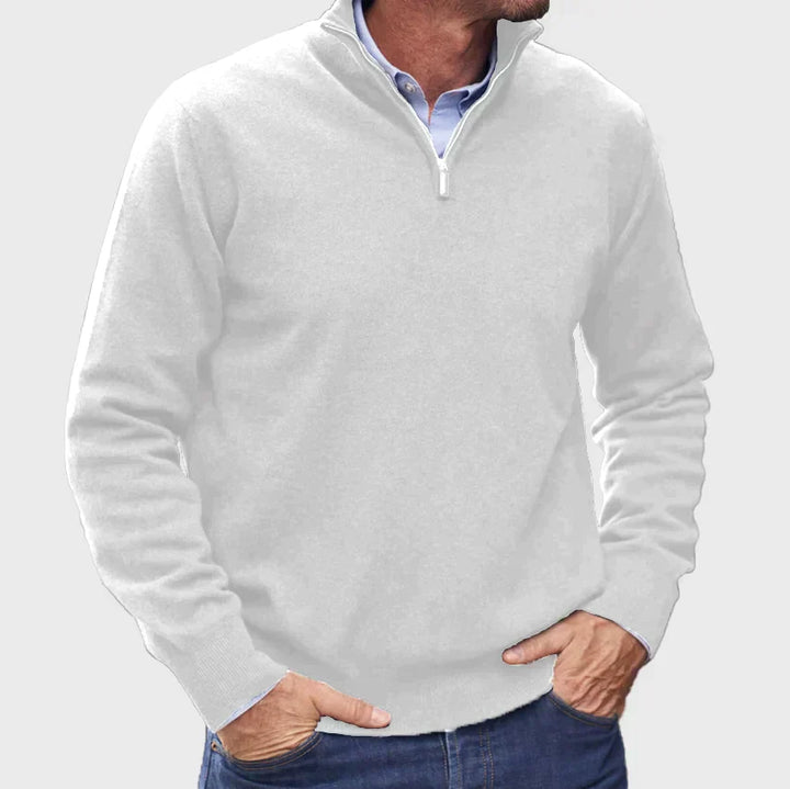 "Italiensk cashmere tröja för herrar med halv-zip i beige, mjuk textur, perfekt för både vardag och formella händelser."