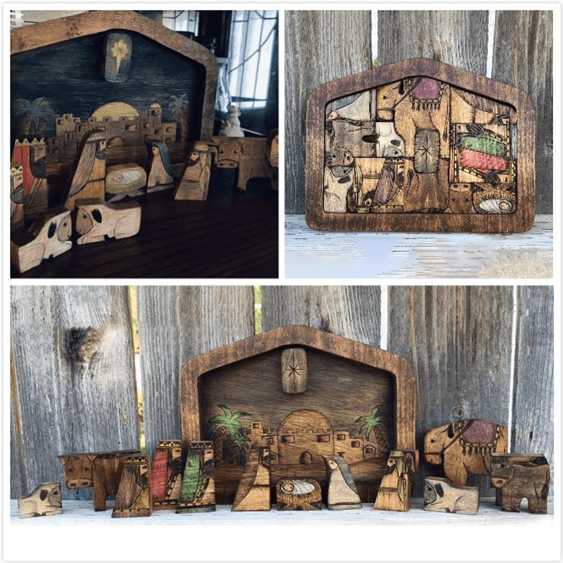 "Jesus träpussel med detaljerad träbränd design, perfekt som dekorativt minnesspel för barn och vuxna under julen."