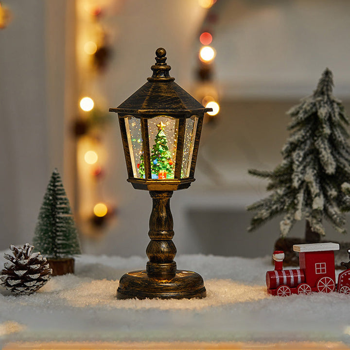 "Jul hexagonal vattenlykta med magisk snöeffekt, hexagonformad, 3D-resininteriör för festlig julstämning och dekoration."