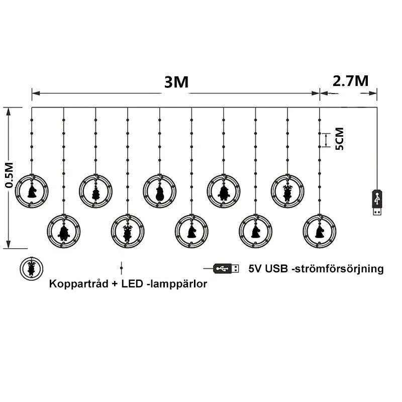"Jul LED gardinsträngljus med varmvitt ljus, perfekt dekoration för väggar, fönster och julgranar under festsäsongen."