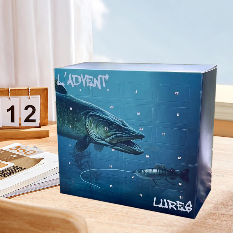 "Julfiske Adventskalender 2024, 24 unika fiskedrag. Perfekt för sportfiskare, olika färgglada drag i varje lucka."