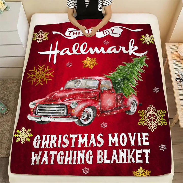 "Julig fleecefilt med rött julmotiv, tjock flanell och fleece, perfekt för bilen, värmande och mjuk för vinter."