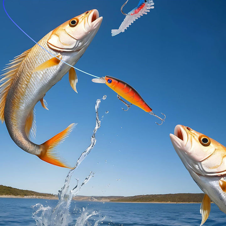 "Julkalendar Fiskeredskap, 24 paket med färgglada fiskedrag och krokar, utställda på brun pappkalender."