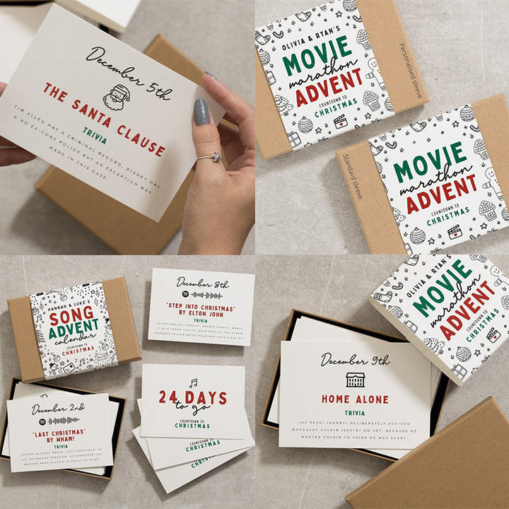 "Julkalender för vuxna med 24 återanvändbara, charmiga adventskort, perfekt för filmälskare, eleganta och hållbara."