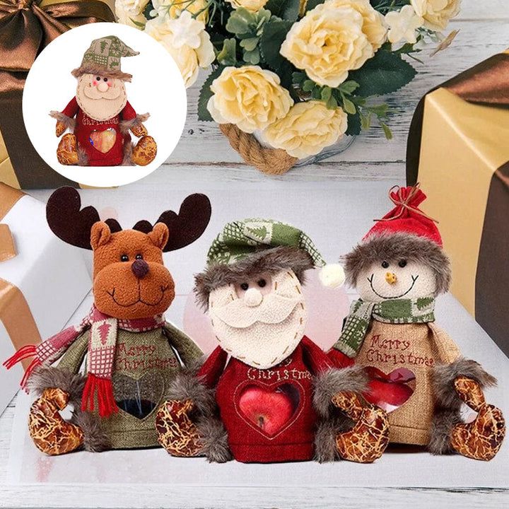 "Julklappspåsar med dragkedja, snögubbar och tomtenissar, i robust tyg, för dekorativ och säker julklappsinslagning."