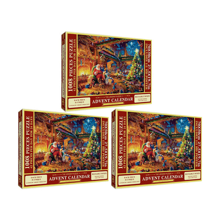 "Julpussel adventskalender med dagliga pusselbitar, bild av färgglada 1008-bitars pusselbitar mot röd bakgrund."