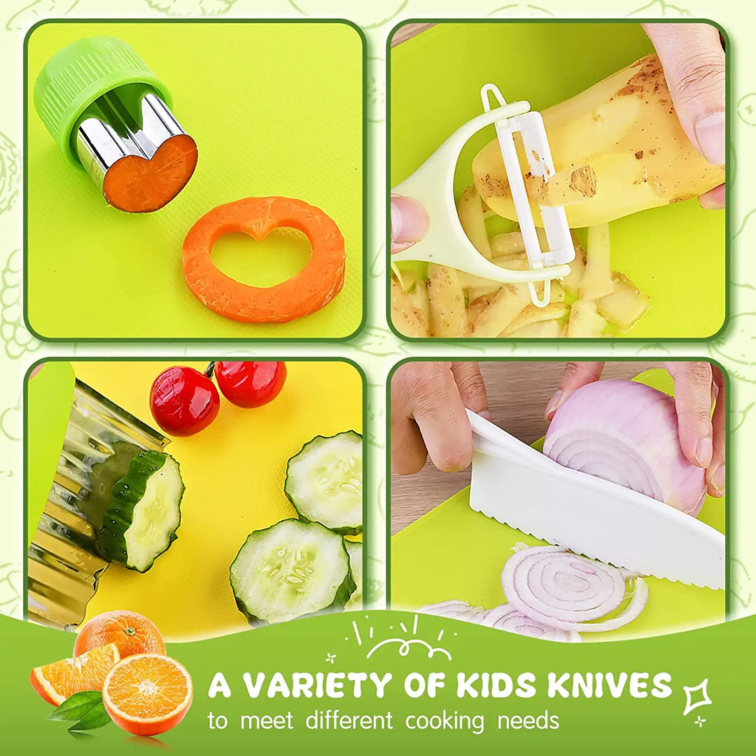 "Junior Chef Set, barnsäkert kökslekset med Montessori-design, innehåller barnknivar och lekverktyg för kreativ matlagning."