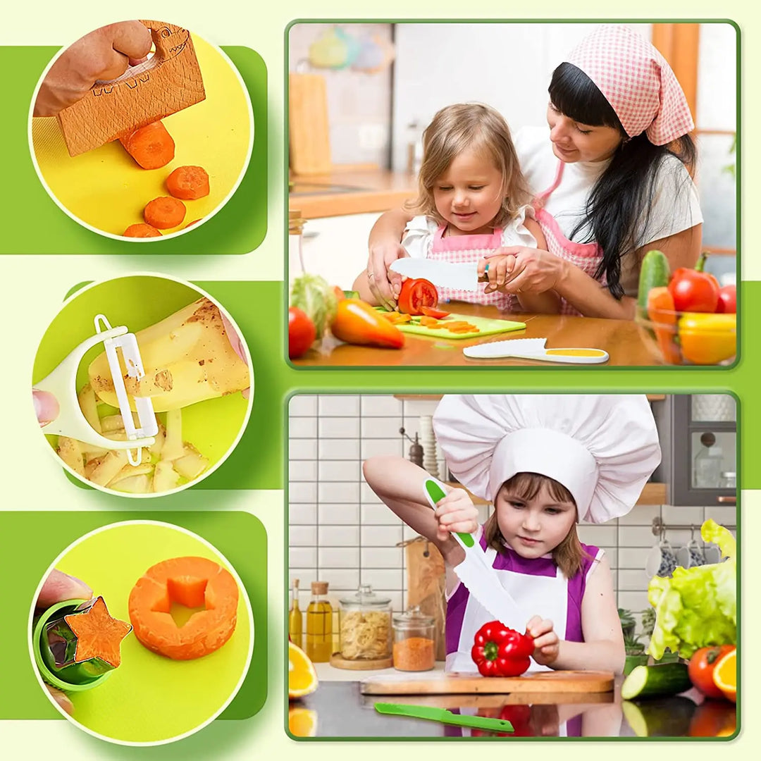 "Junior Chef Set, barnsäkert kökslekset med Montessori-design, innehåller barnknivar och lekverktyg för kreativ matlagning."