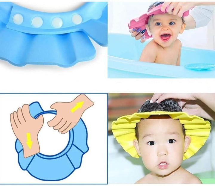 Förpackning med flera färger av duschmössor för barn, med fokus på badtillbehör och barnomsorg.