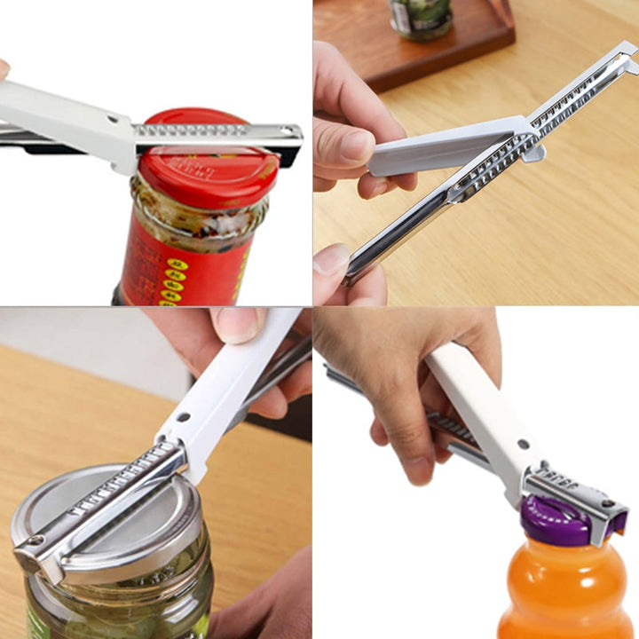 Justerbar burköppnare i rostfritt stål, elegant design, passar flera lockstorlekar, perfekt för kök och camping.