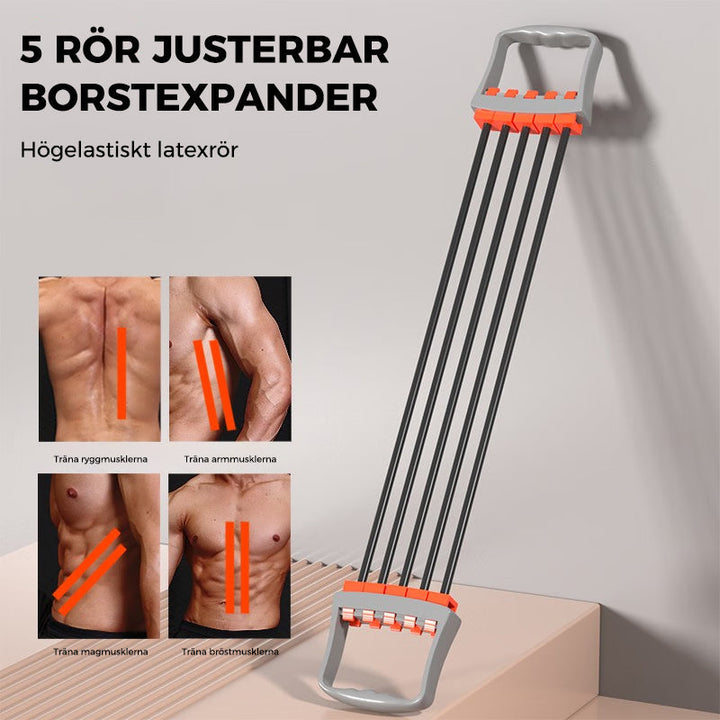 Justerbar bysttränare för överkroppsstyrka, grå och blå, med latexbands intensitet; portabel och halksäker för hemmaträning.