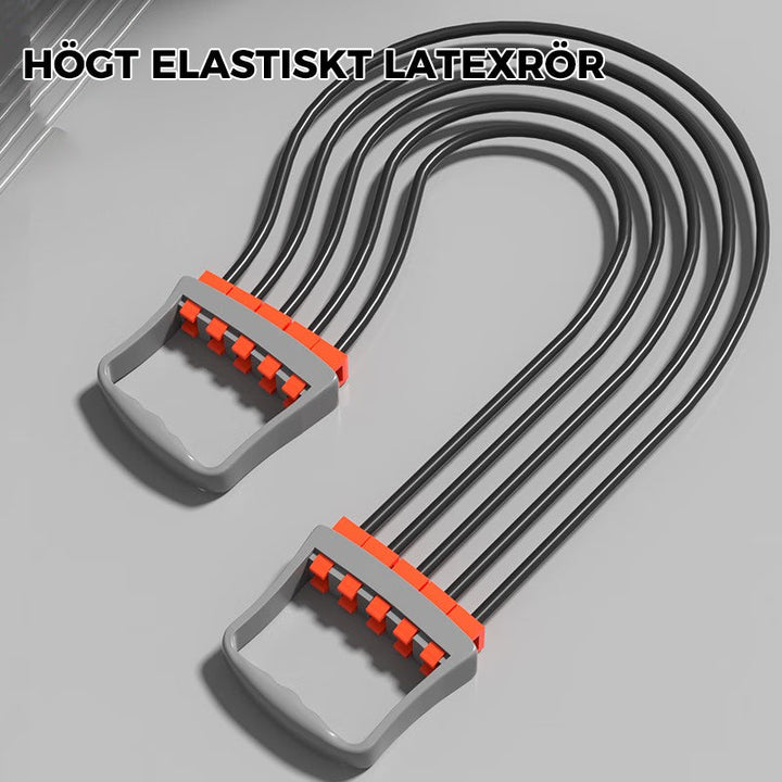 Justerbar bysttränare för överkroppsstyrka, grå och blå, med latexbands intensitet; portabel och halksäker för hemmaträning.