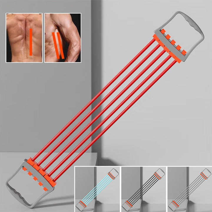 Justerbar bysttränare för överkroppsstyrka, grå och blå, med latexbands intensitet; portabel och halksäker för hemmaträning.