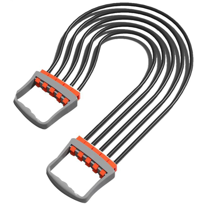 Justerbar bysttränare för överkroppsstyrka, grå och blå, med latexbands intensitet; portabel och halksäker för hemmaträning.
