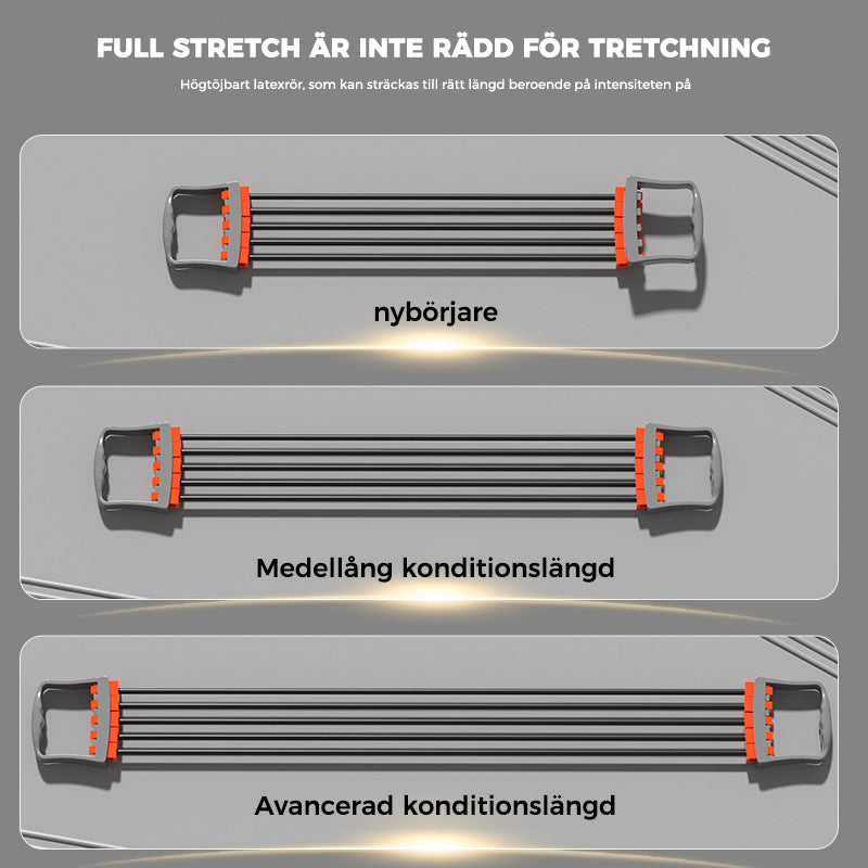 Justerbar bysttränare för överkroppsstyrka, grå och blå, med latexbands intensitet; portabel och halksäker för hemmaträning.