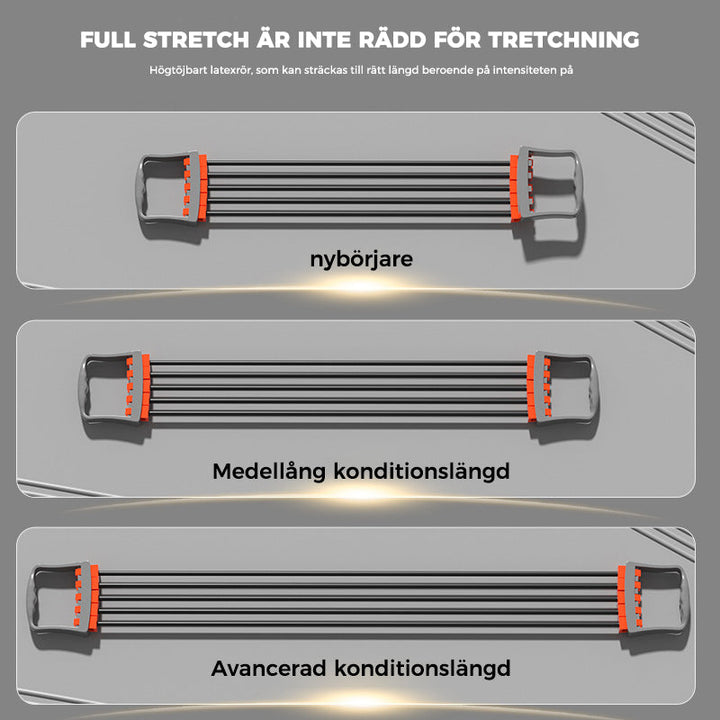 Justerbar bysttränare för överkroppsstyrka, grå och blå, med latexbands intensitet; portabel och halksäker för hemmaträning.