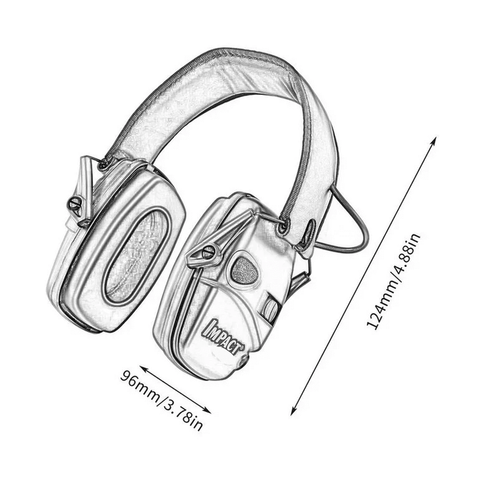 "Justerbar elektronisk hörselkåpa för skytte, grön och svart design, vadderat huvudband och lågprofil öronkåpor."