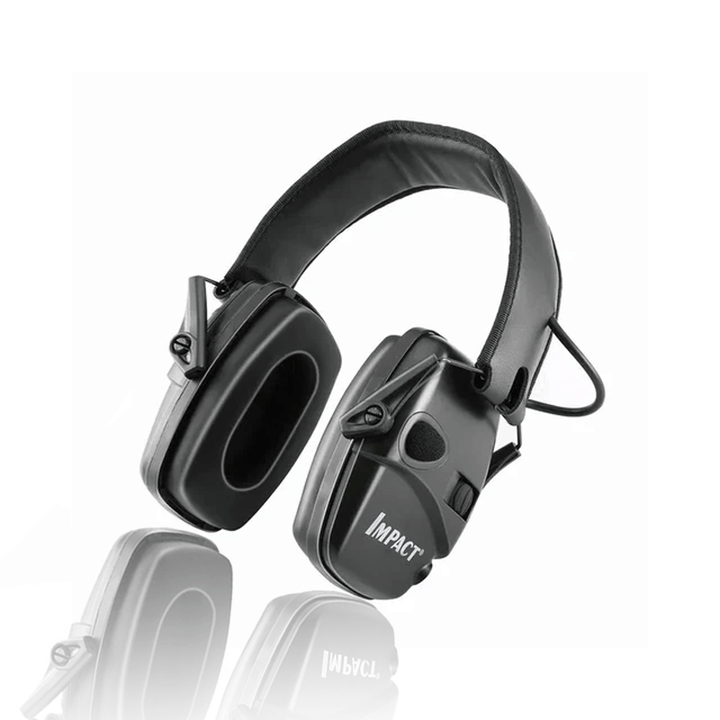 "Justerbar elektronisk hörselkåpa för skytte, grön och svart design, vadderat huvudband och lågprofil öronkåpor."