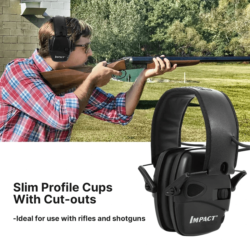 "Justerbar elektronisk hörselkåpa för skytte, grön och svart design, vadderat huvudband och lågprofil öronkåpor."