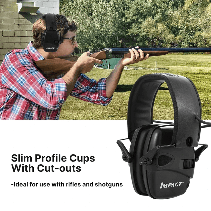 "Justerbar elektronisk hörselkåpa för skytte, grön och svart design, vadderat huvudband och lågprofil öronkåpor."