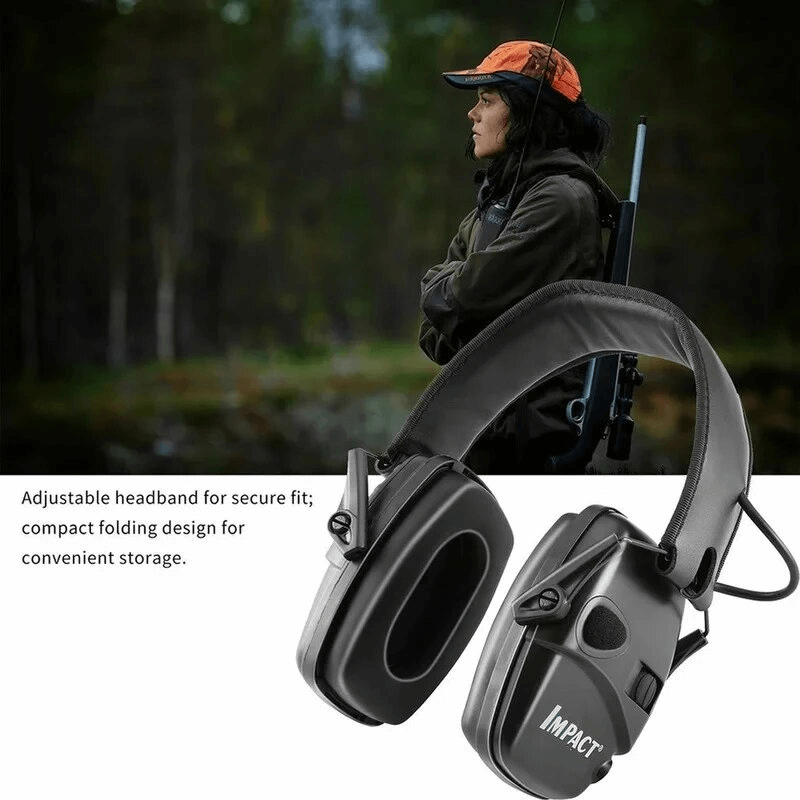 "Justerbar elektronisk hörselkåpa för skytte, grön och svart design, vadderat huvudband och lågprofil öronkåpor."