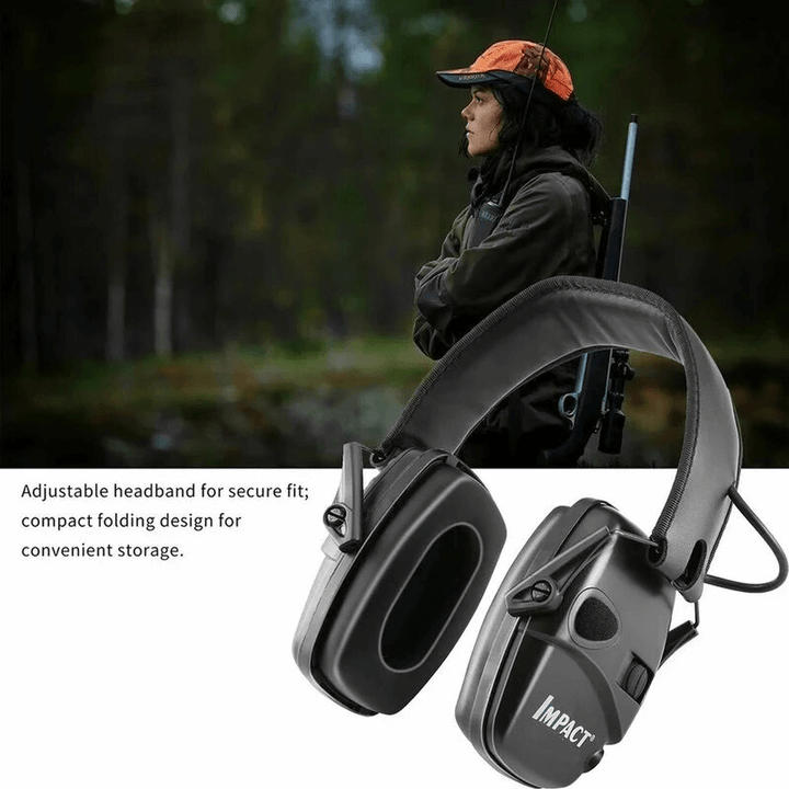 "Justerbar elektronisk hörselkåpa för skytte, grön och svart design, vadderat huvudband och lågprofil öronkåpor."