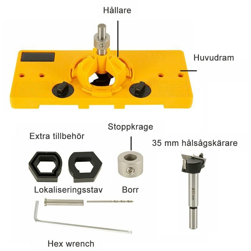 "Justerbar gul 35 mm håljigguide för träbearbetning, perfekt för exakt borrning av gångjärnshål. Enkel att använda hemma."