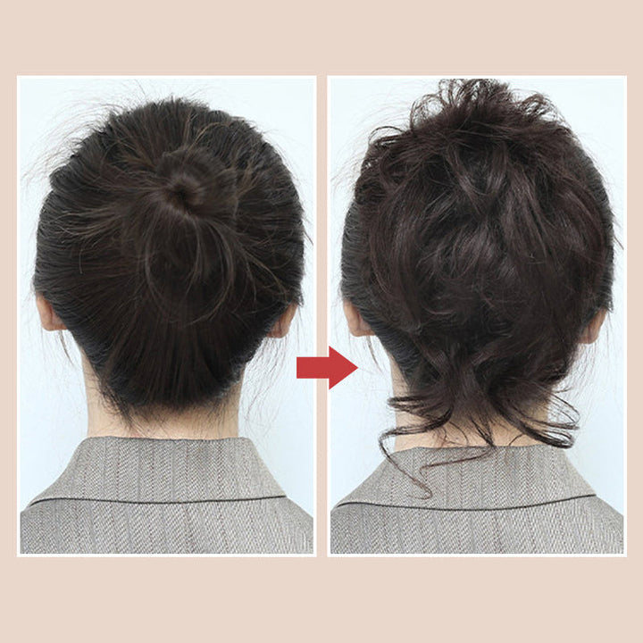 "Justerbar hårstycke för kvinnor, messy bun i syntetmaterial, ger voluminös look i brun och kastanjfärg."