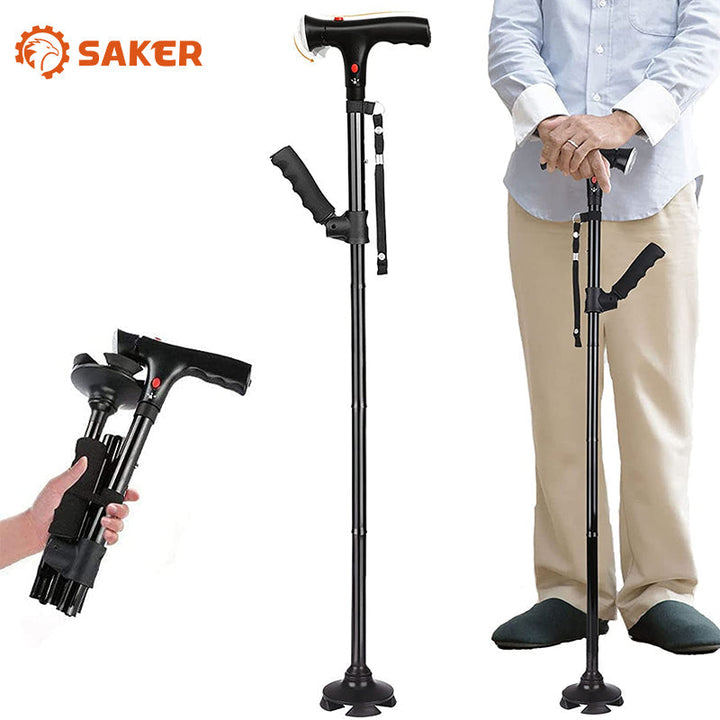 "Justerbar hopfällbar käpp med LED-ljus, säkert stöd, 4-punktsbas, aluminium, stilren design, för män och kvinnor."