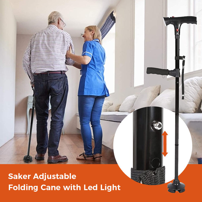"Justerbar hopfällbar käpp med LED-ljus, säkert stöd, 4-punktsbas, aluminium, stilren design, för män och kvinnor."