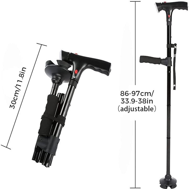"Justerbar hopfällbar käpp med LED-ljus, säkert stöd, 4-punktsbas, aluminium, stilren design, för män och kvinnor."