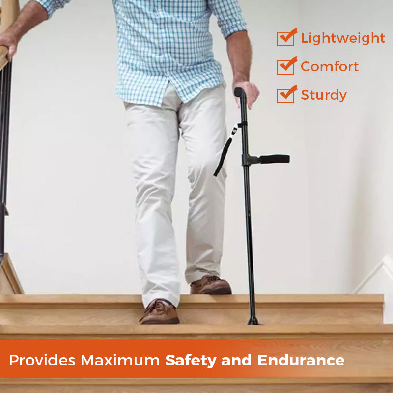 "Justerbar hopfällbar käpp med LED-ljus, säkert stöd, 4-punktsbas, aluminium, stilren design, för män och kvinnor."