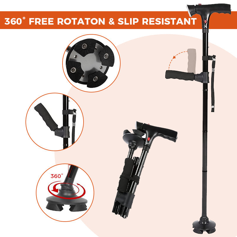 "Justerbar hopfällbar käpp med LED-ljus, säkert stöd, 4-punktsbas, aluminium, stilren design, för män och kvinnor."