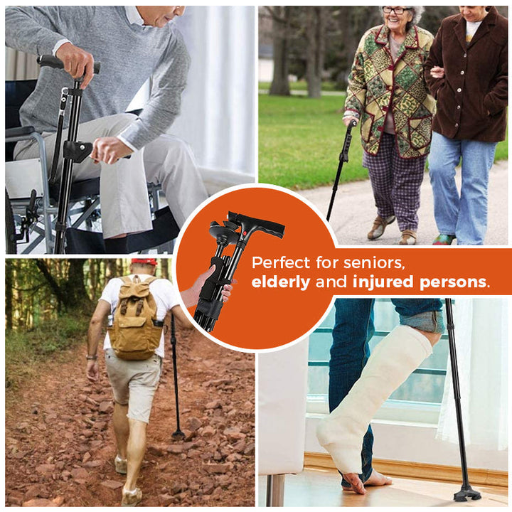 "Justerbar hopfällbar käpp med LED-ljus, säkert stöd, 4-punktsbas, aluminium, stilren design, för män och kvinnor."