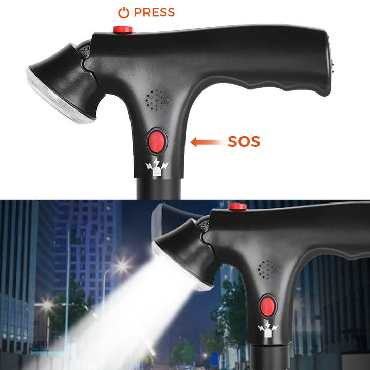 "Justerbar hopfällbar käpp med LED-ljus, säkert stöd, 4-punktsbas, aluminium, stilren design, för män och kvinnor."