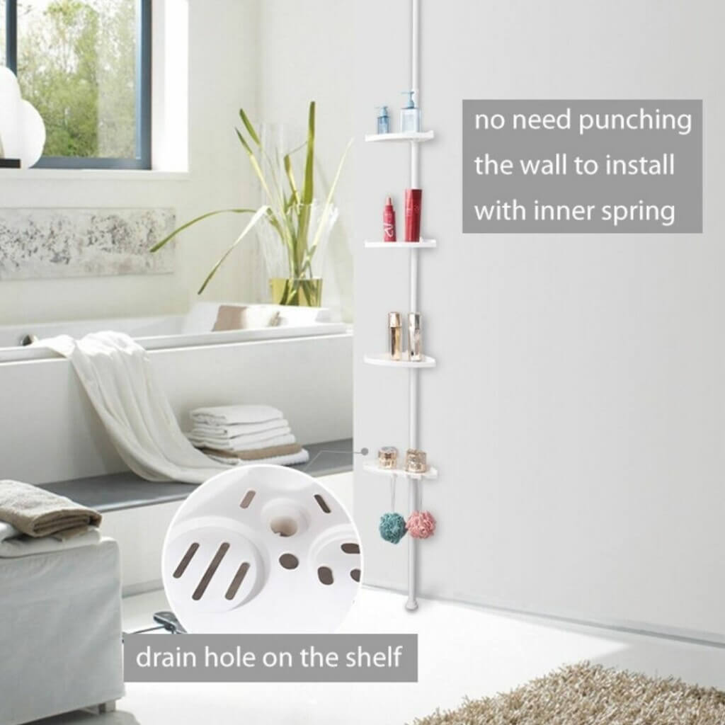 "Justerbar hörnduschhylla i rostfritt stål med 4 hyllor, stilren design och verktygsfri installation för ditt badrum."