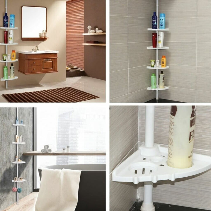 "Justerbar hörnduschhylla i rostfritt stål med 4 hyllor, stilren design och verktygsfri installation för ditt badrum."