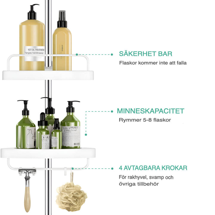 "Justerbar hörnduschhylla i rostfritt stål med 4 hyllor, stilren design och verktygsfri installation för ditt badrum."