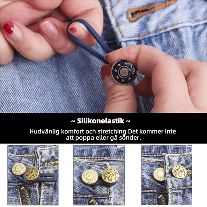 "Justerbar jeans flexiknapp för herr och dam, elegant metall, enkel fastsättning för byxmidja."