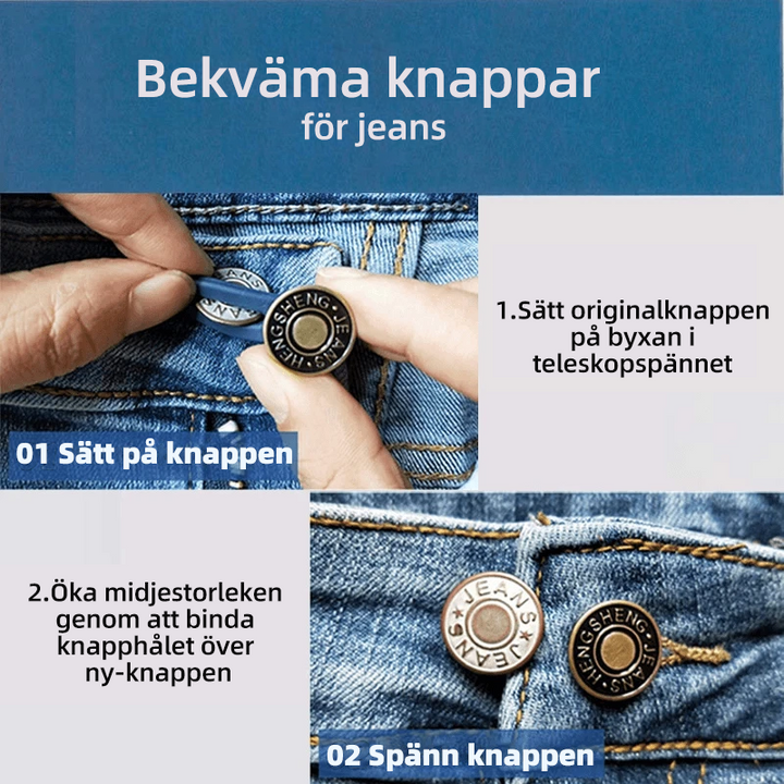 "Justerbar jeans flexiknapp för herr och dam, elegant metall, enkel fastsättning för byxmidja."