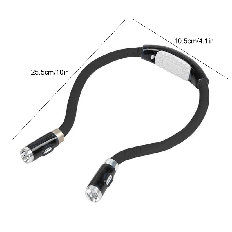 Justerbar LED-läshalslampa med ergonomisk design, handsfree, tre ljusstyrkor, perfekt för läsning och hantverk.
